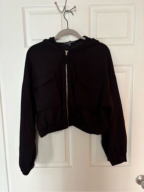 Lulu's Black Cropped Zip-Up Hoodie with Flap Pockets